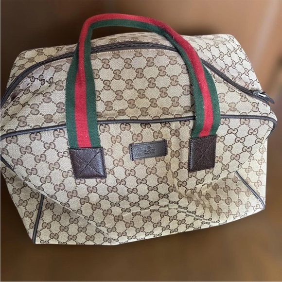 Gucci Handbags - Gucci Beige Canvas Monogram Bag with Green and Red Straps